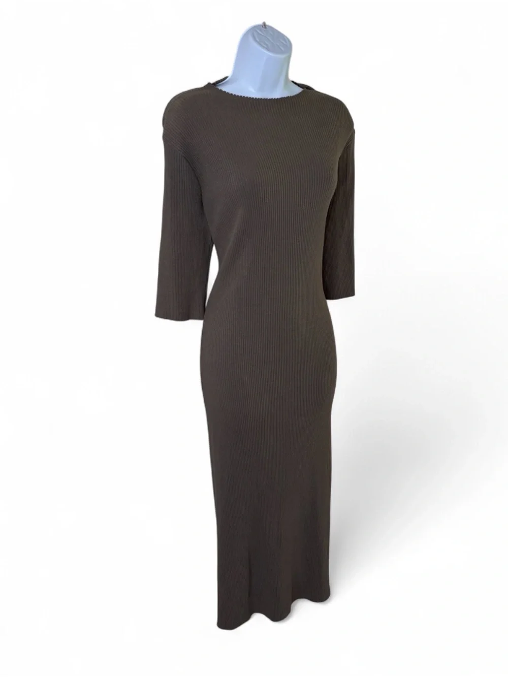Vince Cotton Spandex Ribbed Mock Neck Elbow Sleeve Dress Taupe L
